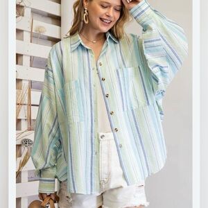 Easel Multicolor Blue Green Striped Button-Down Shirt